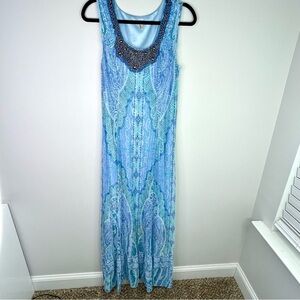 Reba Blue Paisley Beaded Scoop-Neck Maxi Sleeveless Dress Size Large